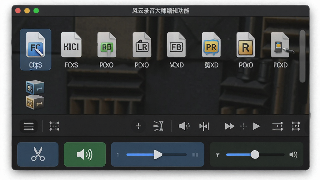 一张展示风云录音大师多格式导出与编辑功能的图片,主体为导出格式选择窗口与音频编辑工具栏,布局为上方显示格式列表,下方显示剪辑操作按钮,排版紧凑,风格为现代软件界面风格,细节包括格式图标、剪刀图标、音量滑块等元素,画质高清,画面干净,无多余元素。