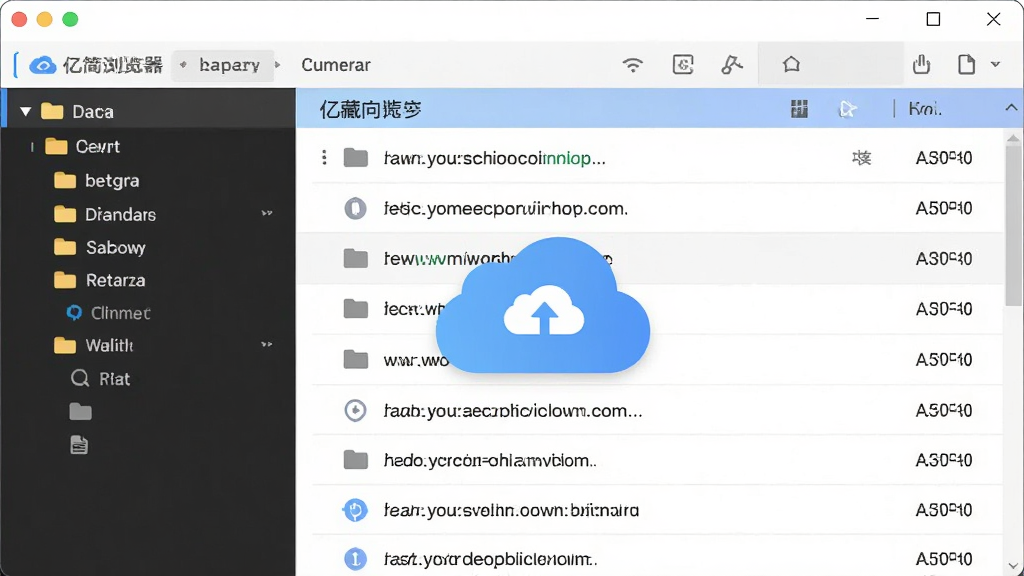 亿简浏览器账号同步与收藏管理界面图,主体为收藏夹面板与云同步图标,布局左侧是分类文件夹右侧是网址列表,排版整齐有序,风格商务简洁,细节上体现数据同步的便捷性,画质清晰,干净,无多余元素