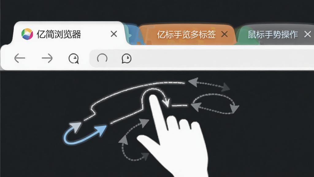 亿简浏览器多标签与鼠标手势操作示意图,主体为浏览器标签栏与手势轨迹线条,布局上方是多个彩色标签下方是手势箭头,排版层次分明,风格直观易懂,细节上展示便捷操作方式,画质清晰,干净,无多余元素
