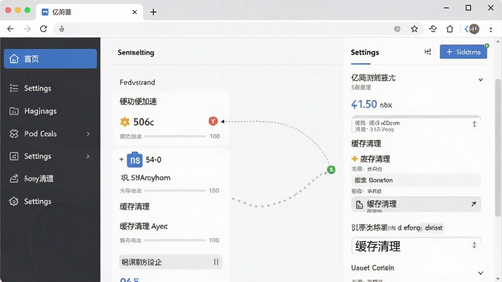 亿简浏览器电脑端使用技巧场景图,主体为浏览器设置界面与优化选项,布局左侧是菜单栏右侧是设置面板,排版清晰直观,风格简约商务,细节上展示硬件加速与缓存清理功能,画质清晰,干净,无多余元素