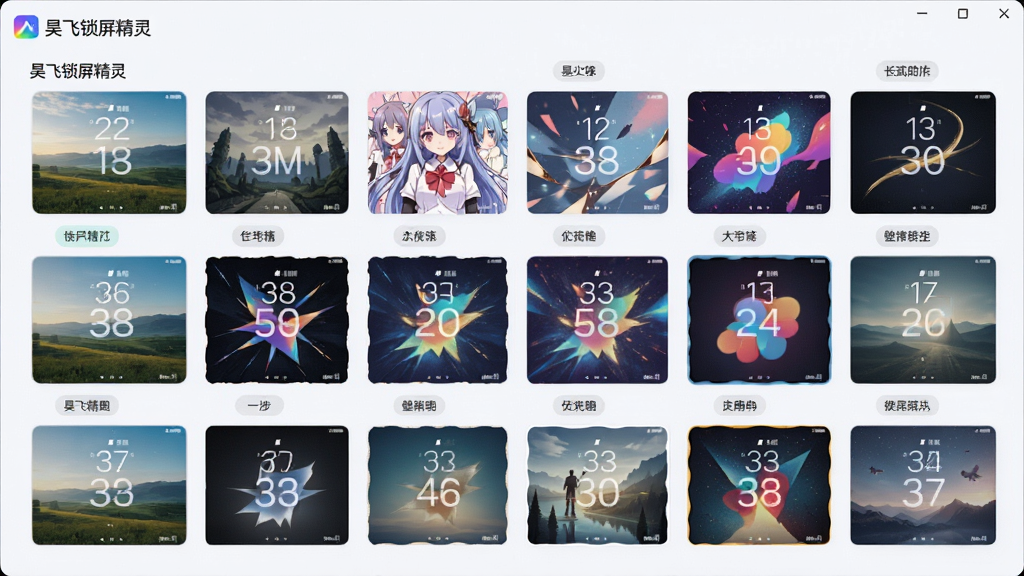 一张展示昊飞锁屏精灵壁纸库界面的图片,主体是电脑屏幕上排列着多张不同风格的锁屏壁纸缩略图,布局为网格状排列展示,排版整齐有序,风格为清新明亮风,细节上包含风景、动漫、抽象等分类标签和