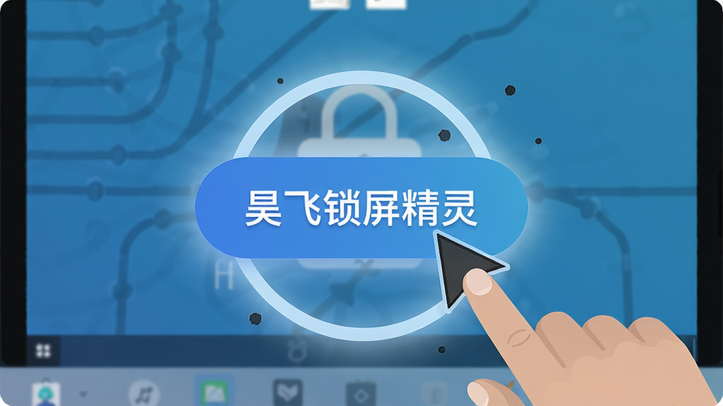 一张展示昊飞锁屏精灵一键锁屏功能的图片,主体是一只手正在点击电脑屏幕上的锁屏按钮,布局为屏幕中央大按钮特写,排版突出按钮和鼠标指针,风格为扁平化UI设计风,细节上按钮有