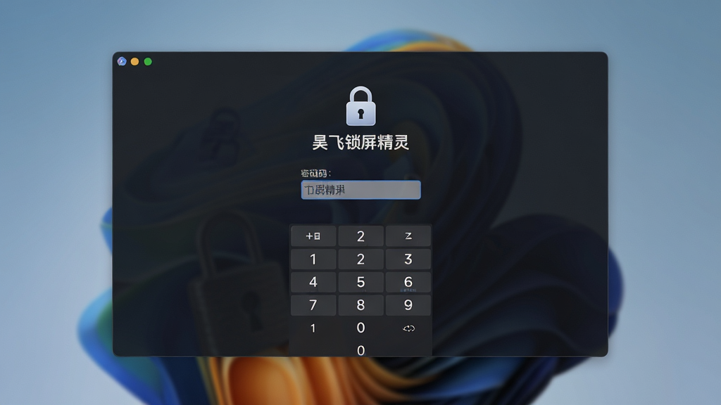 一张展示昊飞锁屏精灵密码保护功能的图片,主体是电脑锁屏界面上显示密码输入框和数字键盘,布局为居中展示解锁界面,排版突出密码输入区域,风格为安全稳重的深色主题风,细节上包含锁形图标、