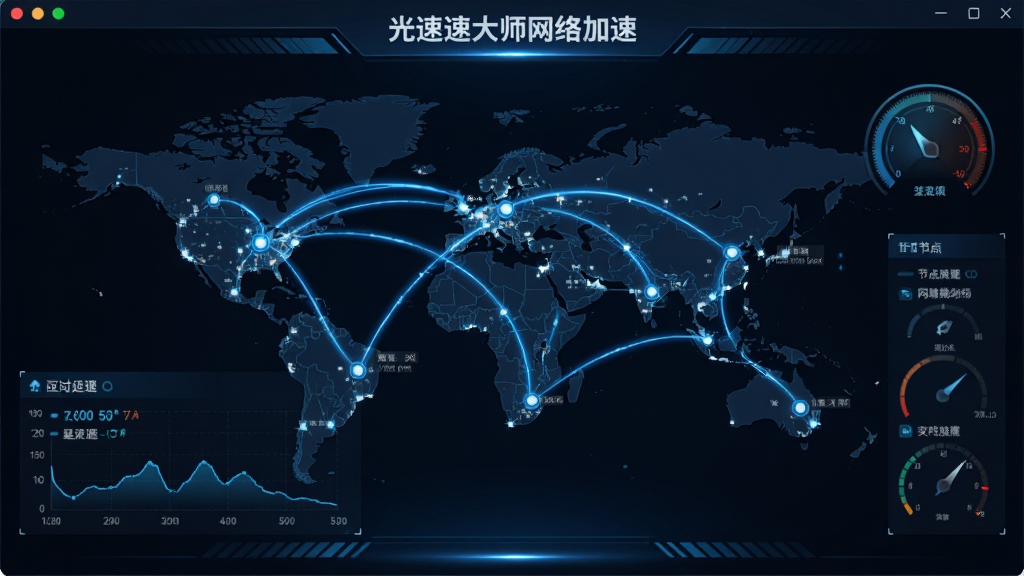光速大师网络加速功能界面,画面展示节点分布地图与实时延迟数据曲线,蓝色光效线条连接多个城市节点,科技感仪表盘布局,高清画质,干净无多余元素