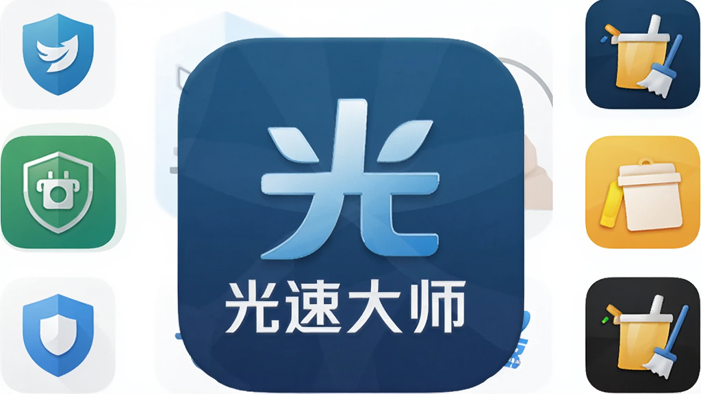 多款系统优化工具图标排列展示,画面中央为光速大师图标,左右两侧分别为安全软件与清理工具图标,白色背景,简洁排列,高清画质,干净无多余元素