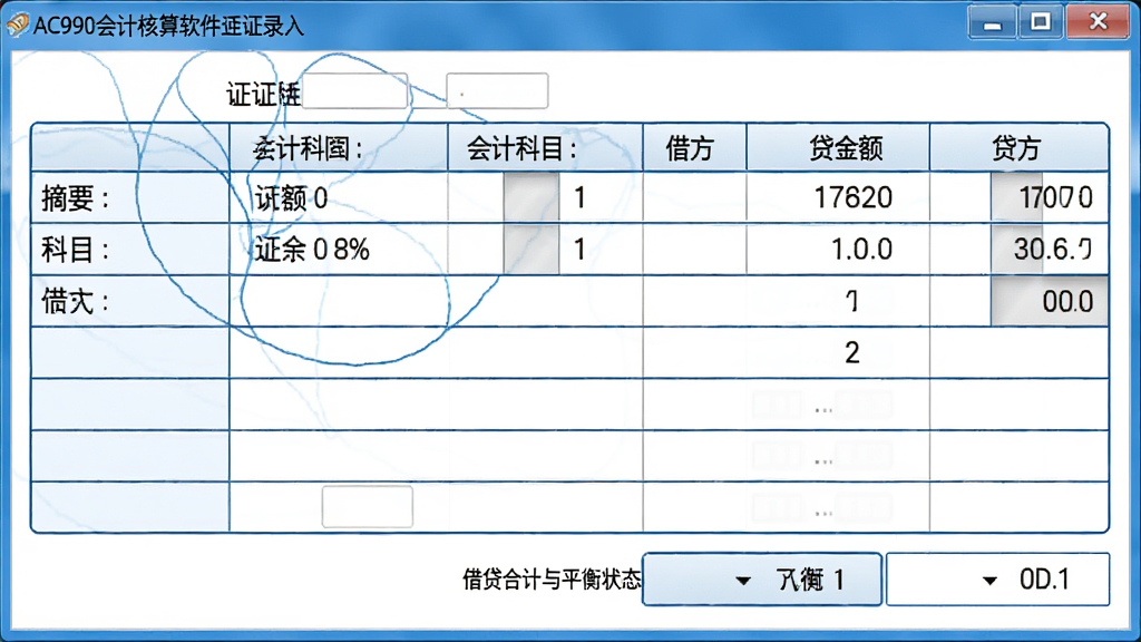 AC990会计核算软件凭证录入界面,画面中央为凭证填写表格,包含摘要、会计科目、借方金额、贷方金额等栏目,表格下方显示借贷合计与平衡状态,界面采用白底蓝框设计,数字清晰易读,整体风格专业严谨,画质清晰,无多余元素