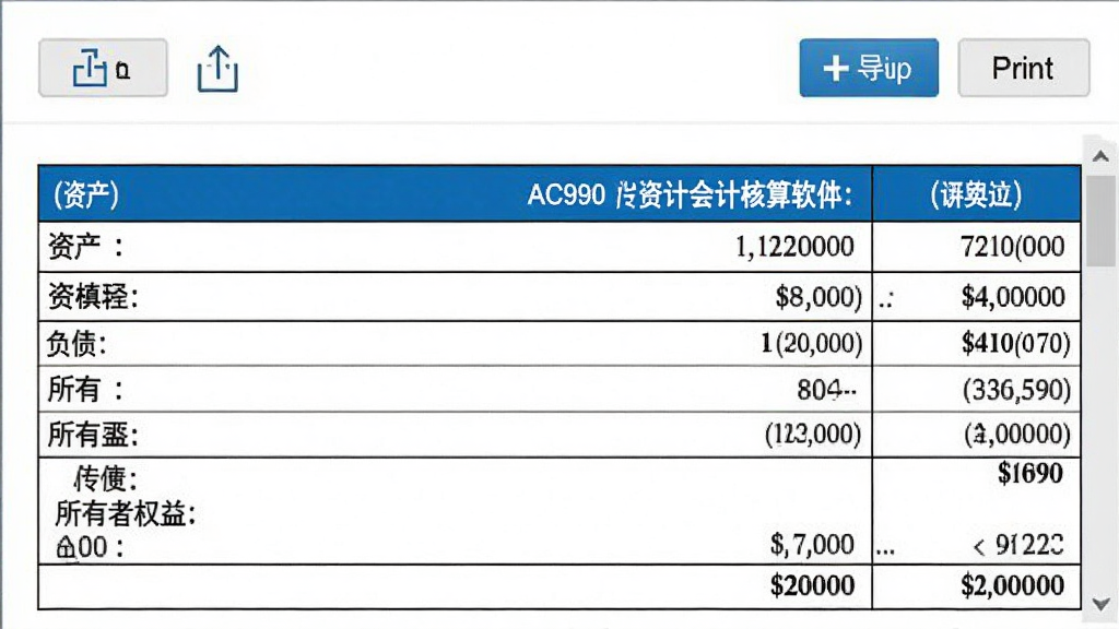 AC990会计核算软件财务报表展示界面,画面显示一张完整的资产负债表,包含资产、负债、所有者权益等栏目与对应金额数据,报表顶部有导出与打印按钮,整体采用白底黑字搭配蓝色表头,风格正式规范,画质清晰,无多余元素