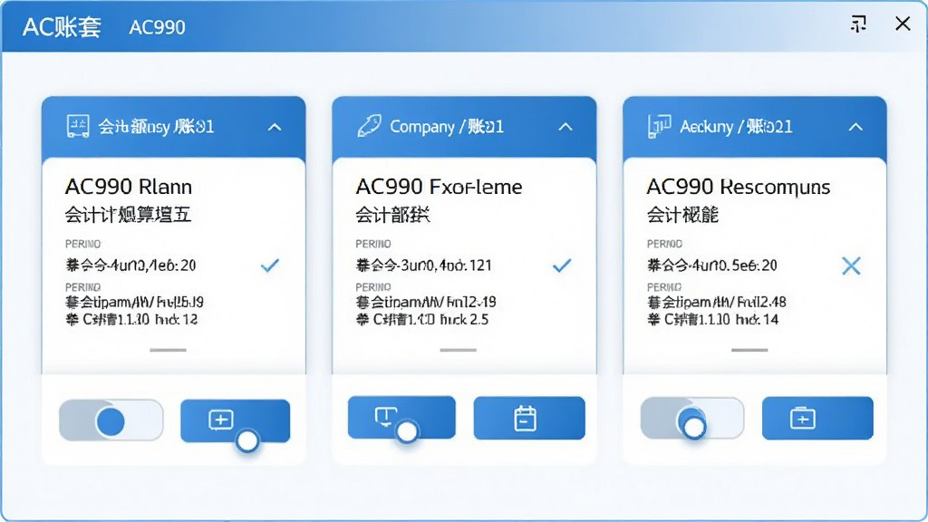 AC990会计核算软件多账套管理界面,画面展示三个并排的账套卡片,分别标注不同公司名称与会计期间,卡片下方有切换与备份按钮,整体采用卡片式布局,蓝色主色调搭配白色背景,风格简洁现代,画质清晰,无多余元素