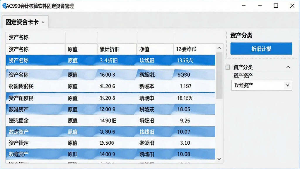 AC990会计核算软件固定资产管理界面,画面展示固定资产卡片列表,包含资产名称、原值、累计折旧、净值等信息,右侧有折旧计提按钮与资产分类筛选器,界面采用浅灰底色搭配蓝色高亮行,风格清爽整洁,画质清晰,无多余元素