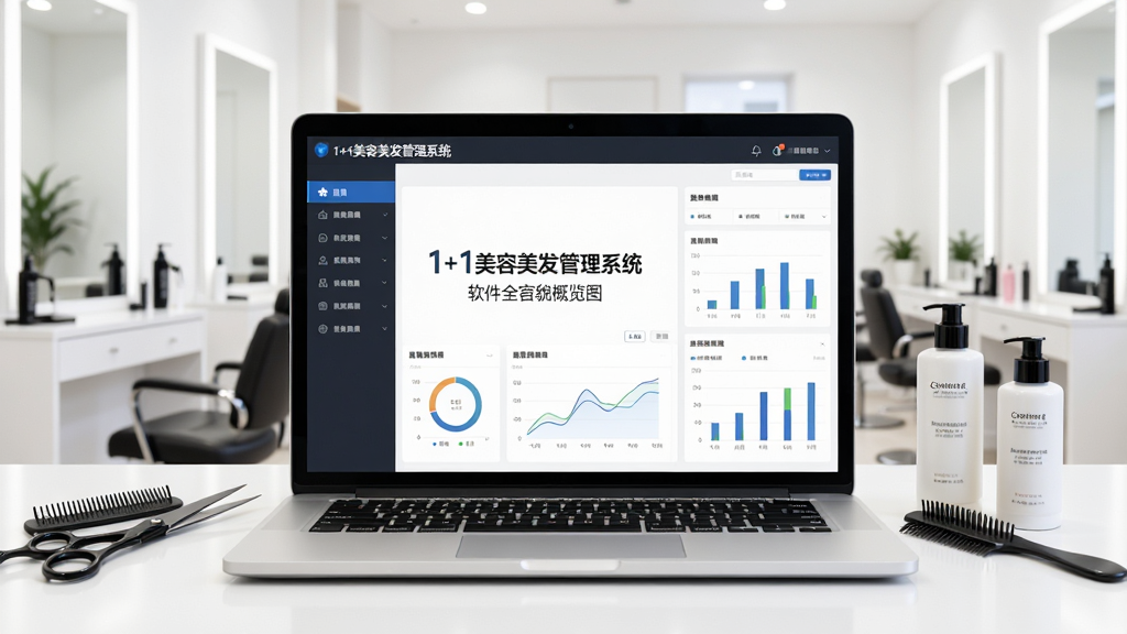软件全貌概览图,画面中央是一台打开的笔记本电脑,屏幕上显示“1+1美容美发管理系统”的主界面,左侧为功能菜单栏,右侧为数据看板与图表,电脑旁摆放着美发剪刀、梳子和一瓶护肤品,背景是明亮整洁的美容美发店内景,主体突出,布局居中,排版简洁,风格为写实商业摄影,细节清晰,画质干净,无多余元素