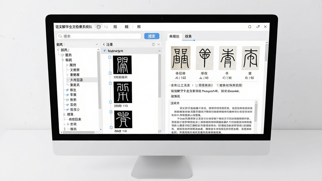 一张展示说文解字全文检索系统软件界面的全景图,主体为电脑屏幕中打开的软件窗口,窗口内显示汉字检索结果页面,左侧为部首目录树,右侧展示篆书字形与释文内容,布局采用居中俯视角度,排版清晰展示软件功能分区,风格为现代简约科技感,细节包括搜索框、结果列表、篆书图片缩略图、注疏文本区域,画质高清,干净,无多余元素