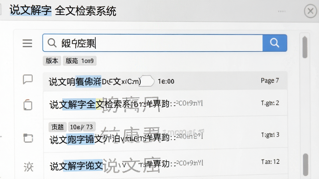 一张展示说文解字全文检索系统全文检索功能的特写图,主体为软件搜索界面,布局为中央搜索框输入汉字后下方列出多条命中结果,排版采用列表式呈现,风格为清爽办公风,细节包括高亮显示的关键词、版本标签、页码索引,画质清晰,干净,无多余元素