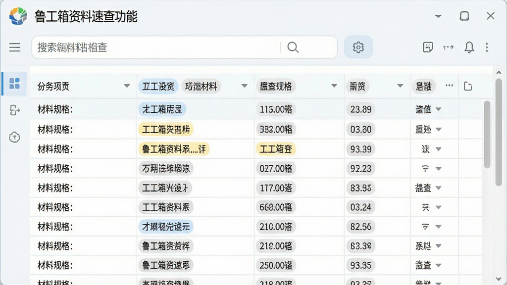一张展示鲁工箱资料速查功能的场景图,主体为软件界面中显示着表格化的材料规格数据,布局采用顶部搜索框与下方列表形式,排版规整,风格为清爽浅色系,细节包括高亮的关键词、分类标签、滚动条,画质清晰,干净无多余元素
