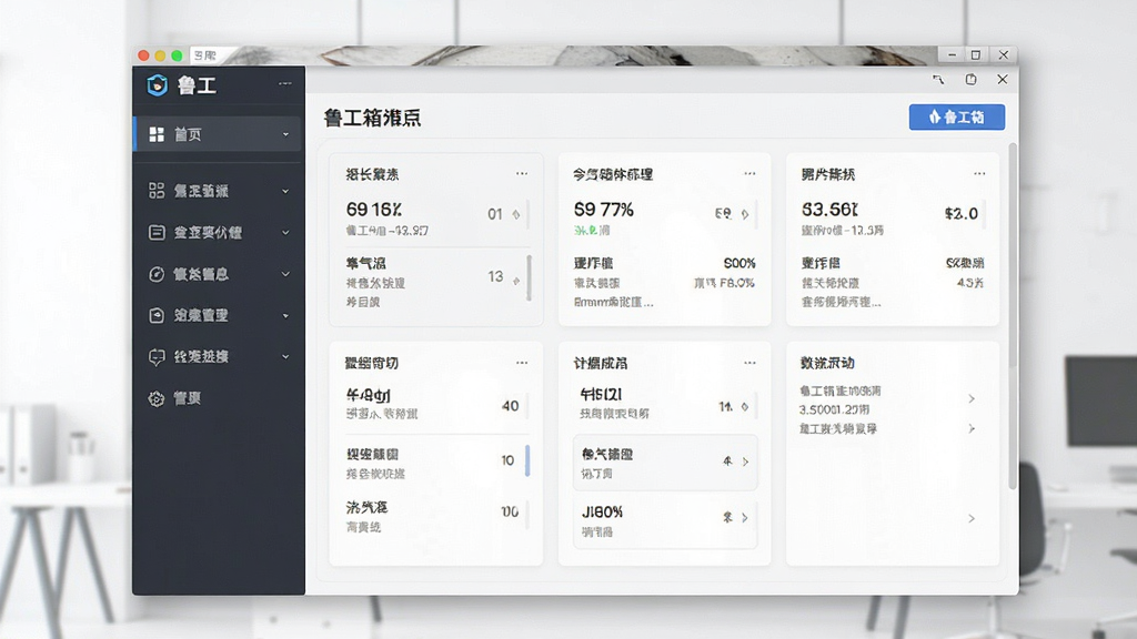 一张展示鲁工箱软件界面的全景图,主体为软件主界面窗口,布局采用左侧功能导航栏与右侧内容展示区,排版简洁整齐,风格为现代简约商务风,细节包括清晰的图标、规整的文字标签与数据卡片,画质高清,干净无多余元素