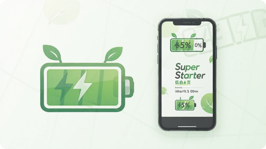 一张表现 Super Starter 低耗省电特性的概念图,主体为一枚绿色电池图标与手机并排展示,布局为居中对称构图,排版上电池与手机形成视觉呼应,风格为清新简约图标风,细节包括电量百分比、叶片元素、柔和绿色调,画质高清干净无多余元素