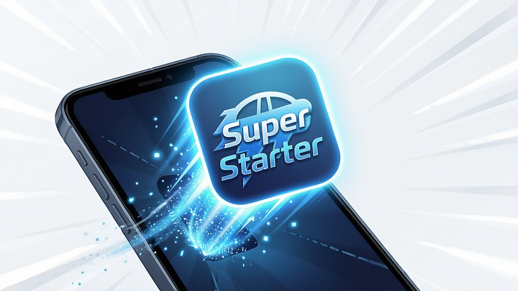 一张表现 Super Starter 极速启动能力的创意插画,主体为一枚发光的应用图标从手机屏幕中飞出,布局为中心放射状构图,图标周围环绕速度线,排版上主体占据画面中央,风格为动感科技插画风,细节包括蓝色光效、粒子拖尾、手机轮廓,画质高清干净无多余元素,画面中可出现