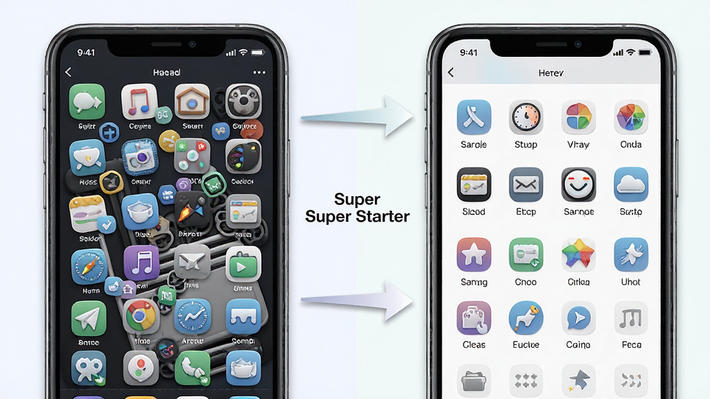 一张展示 Super Starter 桌面精简功能的对比示意图,主体为左右两部手机屏幕,布局为左右对照式排版,左侧屏幕图标杂乱密集,右侧屏幕图标精简有序,风格为简洁信息图风格,细节包括箭头指示、分类标签、柔和配色,画质高清干净无多余元素,画面中可标注
