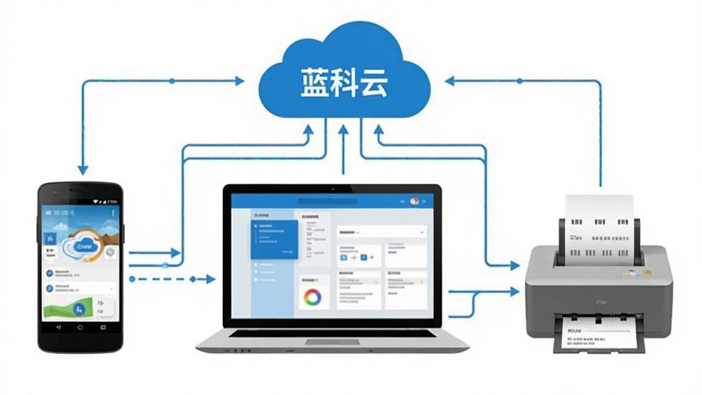 一张展示蓝科云多设备云端协同功能的示意图,画面左侧是一部安卓手机,中间是一台笔记本电脑,右侧是一台针式打印机,三者通过蓝色的云朵图标和数据线条相互连接,云朵上标注
