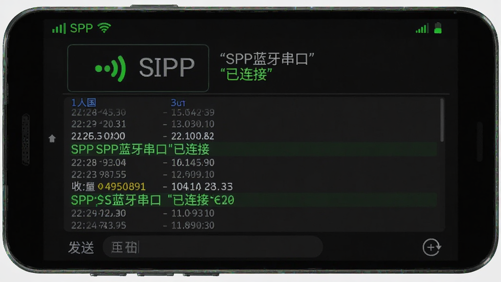 主体是安卓手机展示SPP蓝牙串口连接成功界面,布局为手机居中屏幕显示绿色连接状态和数据收发日志,排版为上方状态栏下方日志滚动区域,风格为深色科技风配绿色指示灯,细节包括信号图标、时间戳、数据高亮、底部发送栏,画质高清干净无多余元素,界面中文字