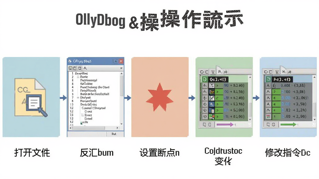 一张OllyDbg软件操作流程示意图,画面从左到右依次展示打开文件、反汇编窗口、设置断点、寄存器变化、修改指令五个步骤,每个步骤用简洁的图标和文字标注,整体风格为扁平化教学图解,配色清爽,画质干净,无多余装饰元素。