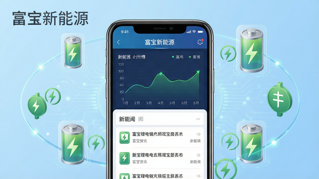 富宝新能源应用主界面展示,画面中央放置一部智能手机,手机屏幕上显示新能源锂电行情数据图表和资讯列表,背景为浅蓝色科技感渐变,周围环绕锂电池图标和绿色能源符号,布局简洁清晰,风格现代商务,细节精致,文字标注