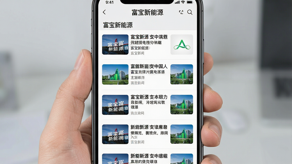 富宝新能源资讯列表页面,手机屏幕显示多条新闻标题和缩略图,布局为纵向列表,风格简洁新闻类应用界面,背景浅灰,细节清晰,文字包含