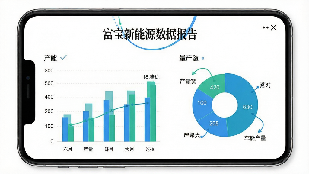 富宝新能源数据报告页面,手机屏幕显示柱状图和饼图,标注