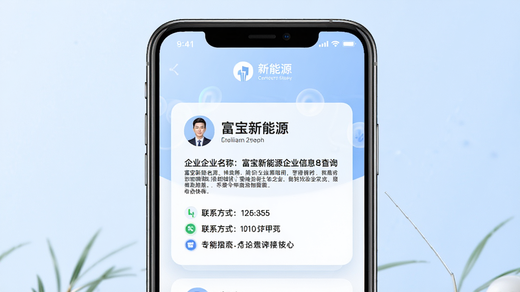 富宝新能源企业信息查询界面,手机屏幕展示企业名片式信息卡片,包含企业名称、简介、联系方式等,背景为淡蓝色渐变,风格商务专业,细节精致,画质高清,干净,无多余元素