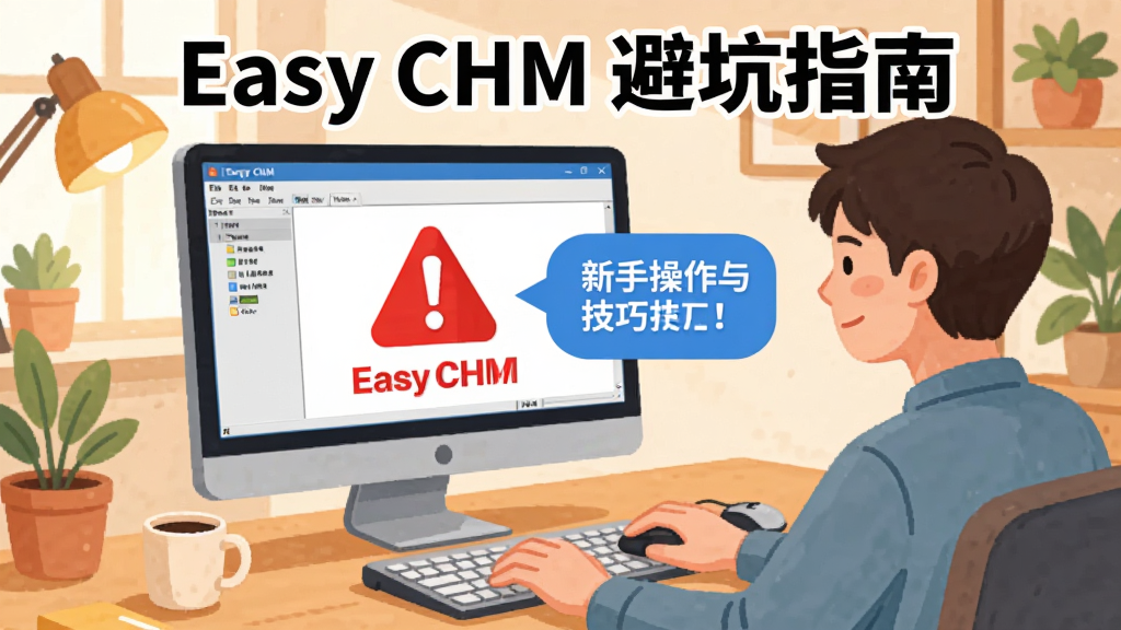Easy CHM 新手操作示意图,画面展示一个人在电脑前操作 Easy CHM 软件,屏幕上有红色警示标志和蓝色技巧提示气泡,背景为温馨的办公环境,标注“Easy CHM 避坑指南”字样,风格插画风,画质清晰,干净无多余元素