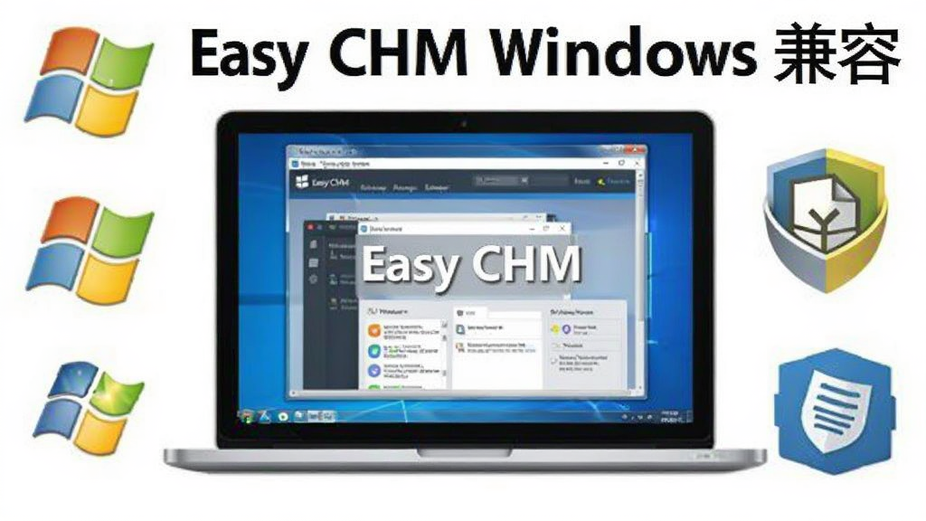 Easy CHM 软件运行环境示意图,画面展示一台笔记本电脑屏幕显示 Easy CHM 界面,周围有 Windows 系统图标和兼容性标识,背景干净整洁,标注“Easy CHM Windows 兼容”字样,画质清晰,干净无多余元素