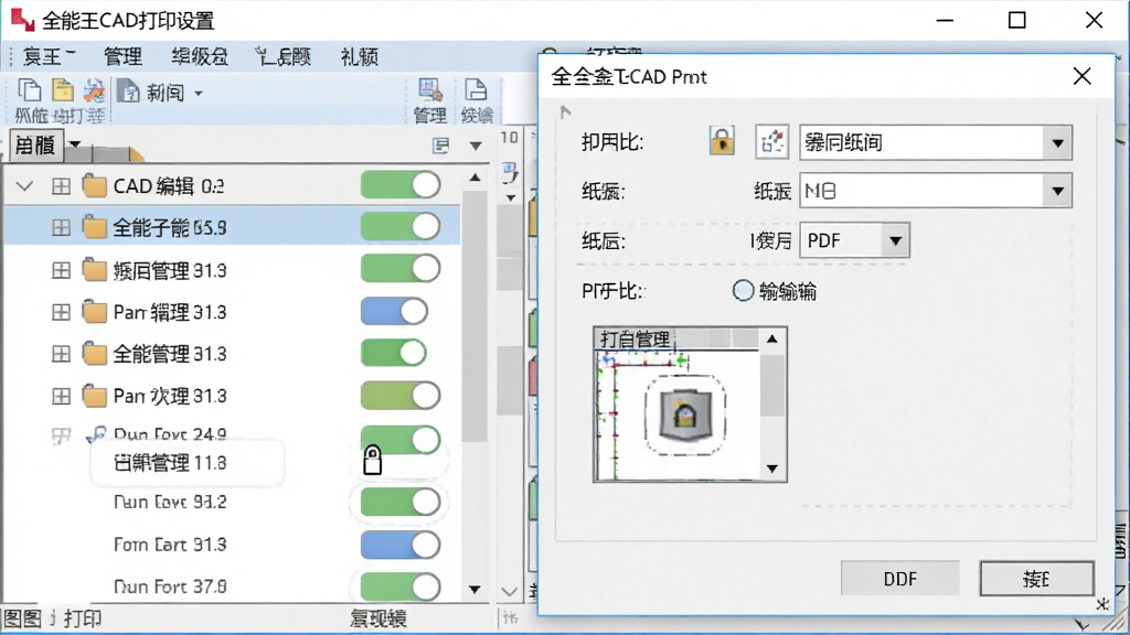 全能王CAD编辑器图层管理与打印设置界面,主体为软件窗口左侧图层管理器面板和右侧打印配置对话框,布局为左侧显示多个图层名称及颜色开关图标,右侧显示打印比例和纸张选择选项,排版清晰,风格为办公软件界面风,细节包括图层锁定图标、打印预览缩略图、PDF输出选项,画质高清,干净,无多余元素