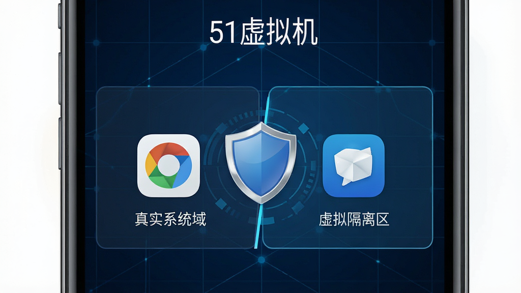 一部手机屏幕显示“51虚拟机”的隐私隔离功能界面,界面中有一个盾牌图标将两个应用区域分隔开,左侧为真实系统区域,右侧为虚拟隔离区域,背景为深蓝色科技网格,布局对称清晰,风格安全稳重,细节锐利,画质高清,干净无多余元素