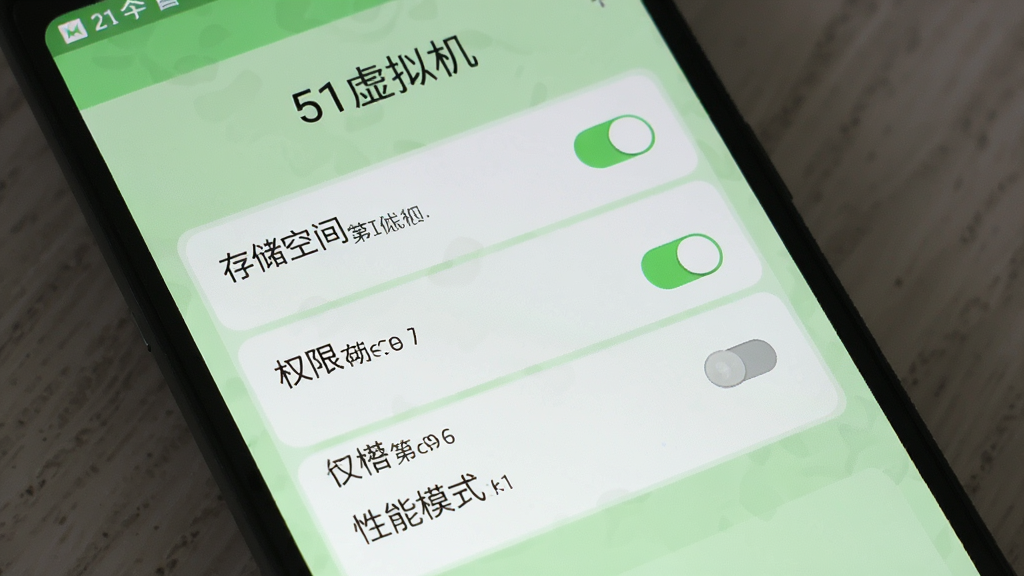 一部安卓手机屏幕显示“51虚拟机”的新手设置向导界面,界面中列出存储空间、权限开关、性能模式等选项,背景为浅绿色清新风格,布局清晰,风格友好易用,细节丰富,画质高清,干净无多余元素