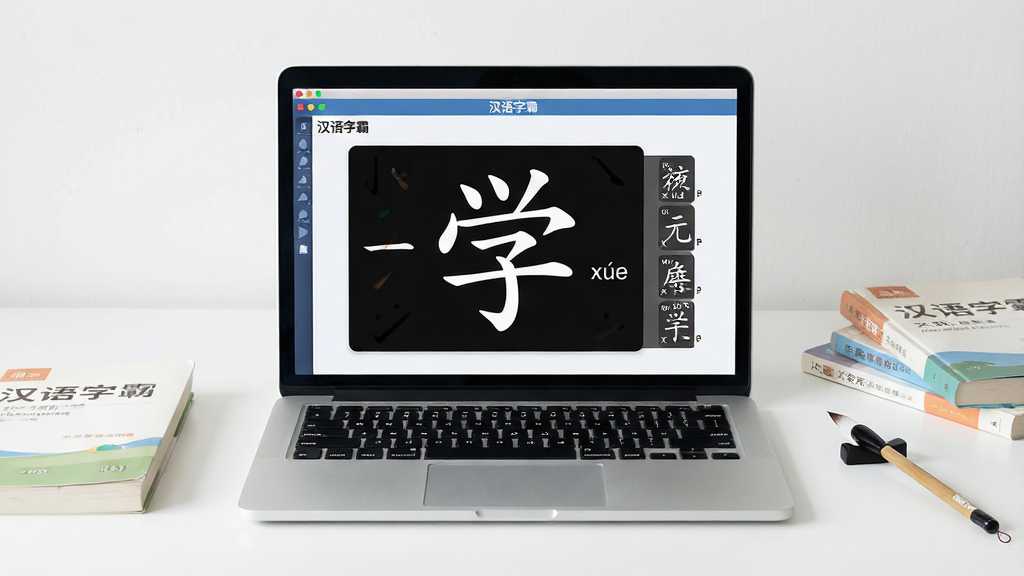 一张简洁明亮的电脑桌面场景,中央放置一台打开的笔记本电脑,屏幕上显示着“汉语字霸”软件的主界面,界面中有汉字笔画演示动画和拼音标注,周围散落着几本中文学习书籍和一支毛笔,整体布局干净整洁,风格清新现代,细节包括屏幕上的汉字“学”字笔画分步展示和拼音“xué”标注,画质高清,无多余元素
