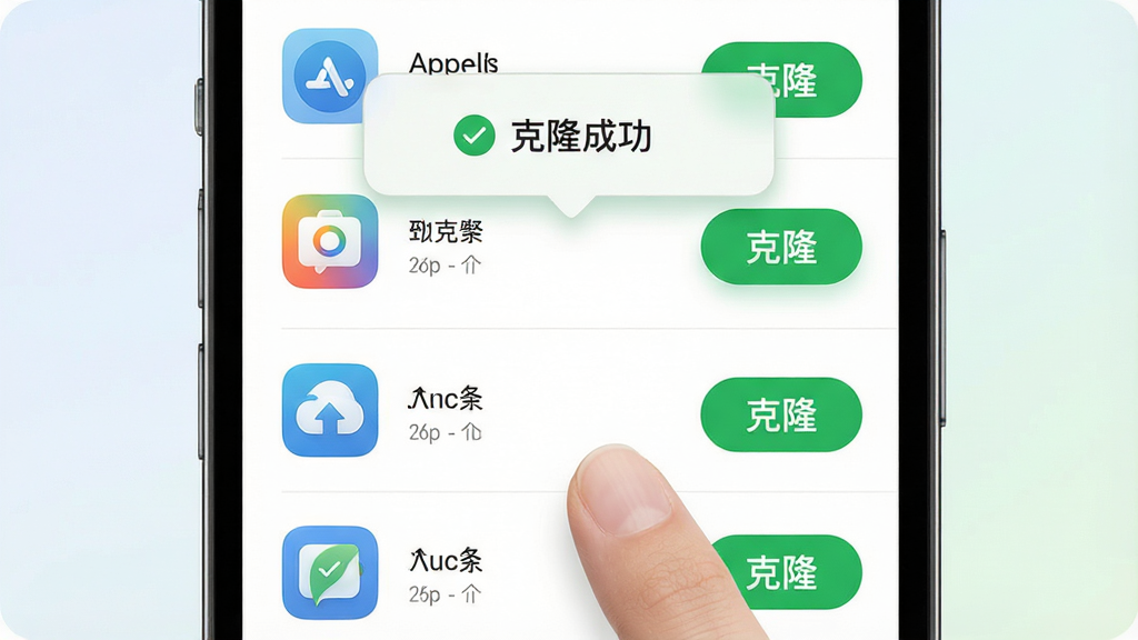 一张展示AppPlus一键克隆功能的界面图,画面中一部手机屏幕上显示应用列表,每个应用右侧有一个绿色的“克隆”按钮,手指正在点击其中一个按钮,屏幕上方出现“克隆成功”的提示气泡,背景为浅色渐变,风格清新简洁,画质高清,干净无多余元素