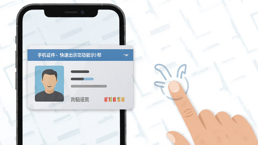 一张电子手机证件帮快速出示功能示意图,画面中手机屏幕显示放大的证件卡片,旁边有手指点击操作示意,整体布局左中右结构,风格扁平化,细节精致,画质高清,无多余元素