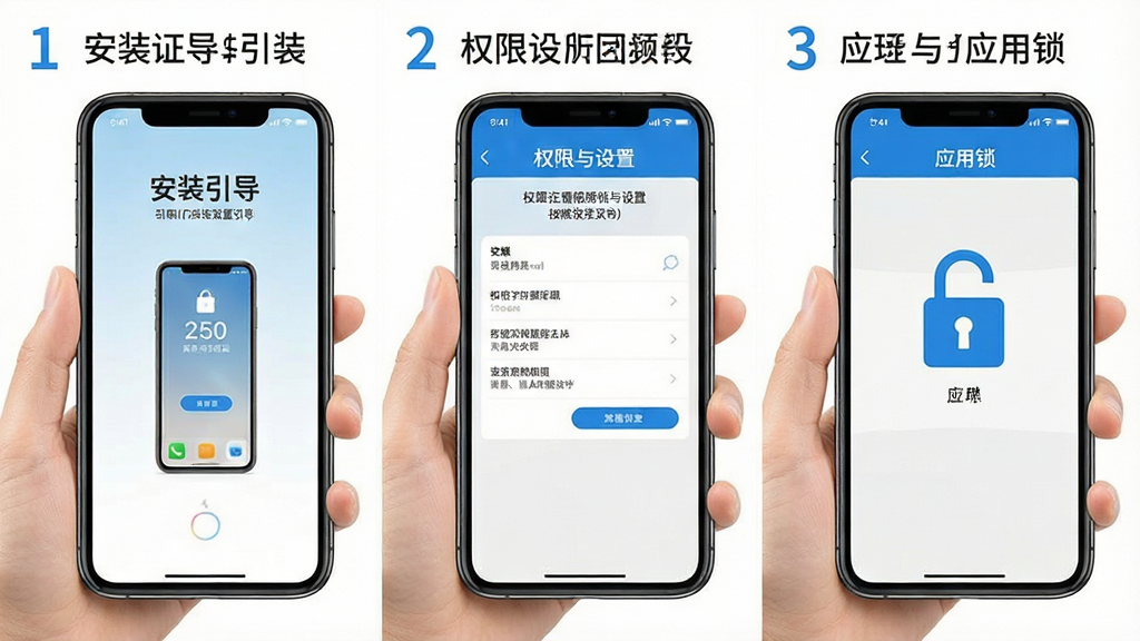 一张电子手机证件帮安装与设置流程示意图,画面为手机屏幕分步骤展示安装引导、权限设置与应用锁界面,布局为三格横向排列,风格简洁明快,细节清晰,画质干净,无多余元素