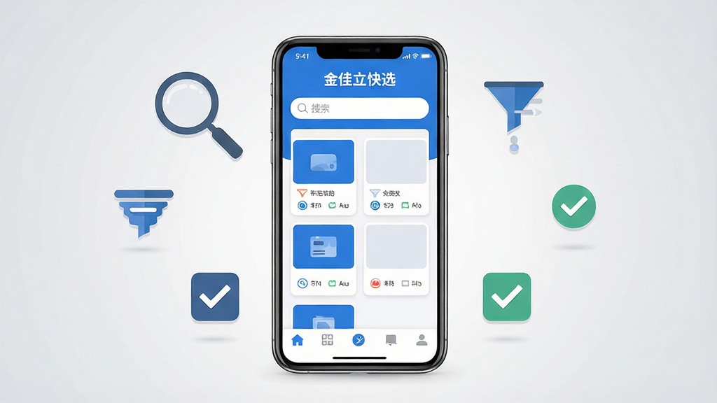 画面中央放置一部智能手机,手机屏幕上显示“金佳立快选”软件主界面,界面采用蓝白配色,上方有搜索栏,中间是卡片式筛选列表,底部有导航按钮。手机周围漂浮着放大镜、筛选漏斗、勾选标记等图标元素,背景为浅灰色渐变。整体风格简洁现代,扁平化设计,细节清晰,画质高清,干净无多余元素。