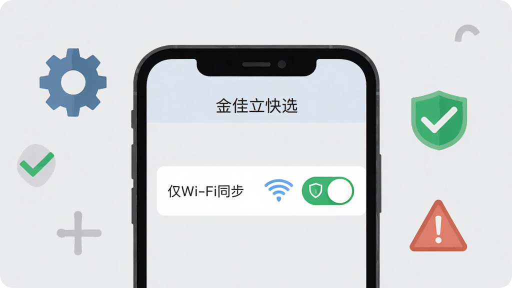 手机屏幕显示“金佳立快选”的设置页面,其中有“仅Wi-Fi同步”开关处于开启状态,旁边有Wi-Fi图标和盾牌图标。手机周围有齿轮、对勾、警告三角等图标。风格为扁平化插画,浅灰底色,画质清晰,干净无多余元素。
