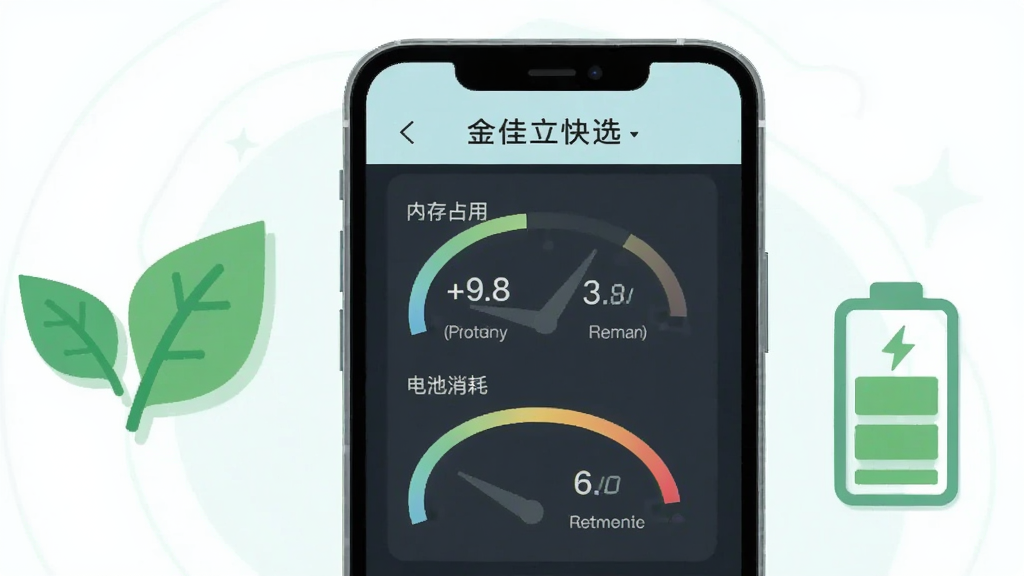 手机屏幕显示“金佳立快选”运行状态页面,有内存占用和电池消耗的仪表盘图示,数值显示较低。手机旁边有绿色的叶子图标和电池图标。风格为清新浅色扁平插画,画面干净,画质高清,无多余元素。
