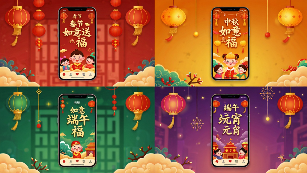 画面展示“如意送福”应用在不同节日期间的主题变化,画面分割为四个区块,分别呈现春节、中秋、端午、元宵四个节日的应用界面风格。每个区块中手机屏幕显示对应节日的主题配色和装饰元素。布局为四宫格排列,每个格子内手机居中。风格为节日主题插画风格,色彩丰富喜庆。画质高清,画面干净,无多余元素。