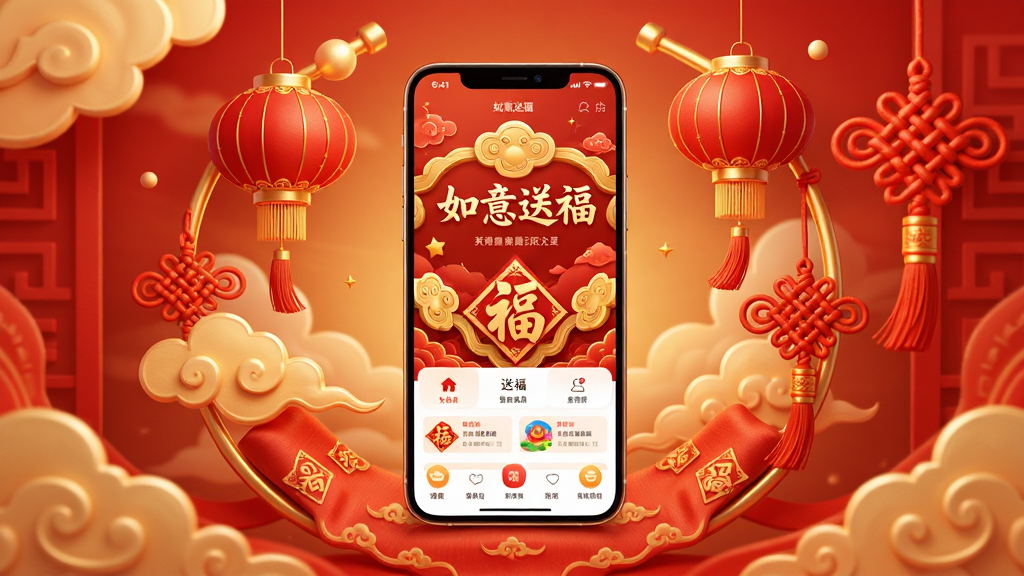 整体画面以中国红和金色为主色调,画面中央放置一部智能手机,手机屏幕上显示“如意送福”应用的首页界面,界面中有如意纹样和福字装饰。手机周围环绕着祥云、灯笼、中国结等传统吉祥元素,背景为渐变的暖红色调。整体布局为居中构图,手机位于画面正中心,传统元素呈环形围绕手机分布。风格为3D渲染与国潮插画结合,细节丰富,光影柔和。画质高清,画面干净,无多余元素。