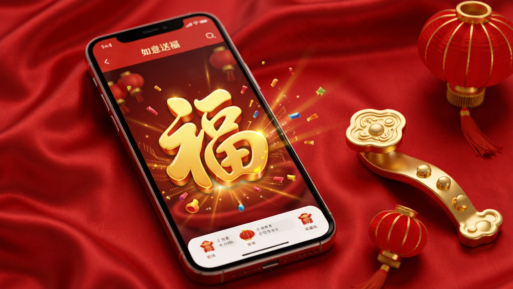 画面以“如意送福”应用内的福文化互动页面为主题,展示手机屏幕上呈现的送福动画效果,屏幕中有一个醒目的金色福字正在绽放光芒。手机放置在红色绸缎质感的桌面上,旁边点缀着金色如意摆件和红色小灯笼。布局为手机居中偏左,装饰物在右侧平衡画面。风格为精致的3D产品渲染风格,细节包括屏幕反光、绸缎纹理、金属光泽。画质超清,画面干净整洁,无多余元素。