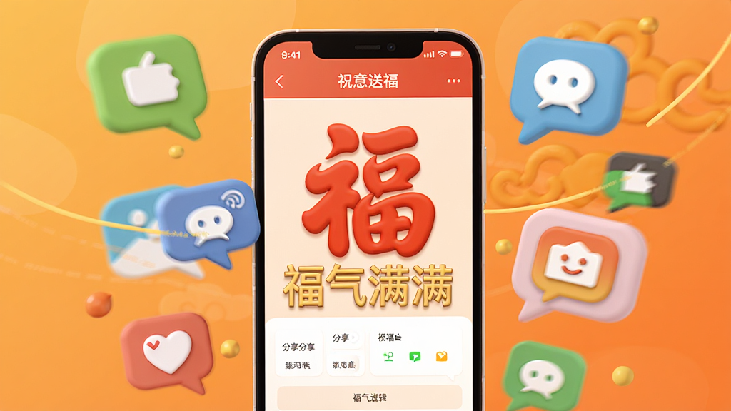 画面表现“如意送福”应用的祝福分享功能,手机屏幕显示祝福编辑界面,屏幕上有红色福字和金色文字“福气满满”。手机周围漂浮着几个社交平台的气泡图标,象征分享传播。背景为暖橙色渐变。布局为手机居中,气泡图标环绕分布。风格为扁平化插画与3D结合,色彩明快。画质高清,画面干净,无多余元素。