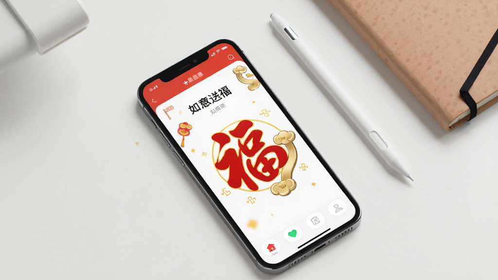画面展示“如意送福”应用在手机上的运行状态,手机屏幕显示应用主界面,界面中有福字和如意纹装饰,屏幕明亮清晰。手机平放在桌面上,旁边有一支触控笔和一本笔记本。布局为俯视角度,手机居中偏下,文具在画面上方。风格为简洁产品摄影风格,光线均匀。画质高清,画面干净,无多余元素。