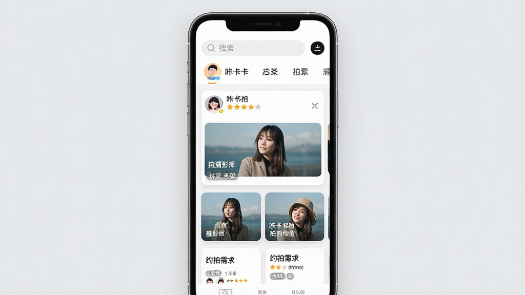 一张手机屏幕展示咔咔约拍应用主界面,画面中央是软件首页推荐流,上方有搜索栏和分类标签,下方排列着摄影师作品卡片和约拍需求卡片,整体色调清新淡雅,背景为浅灰色,风格为现代扁平化UI设计,细节包括头像、评分星级、拍摄类型标签,画质清晰干净无多余元素