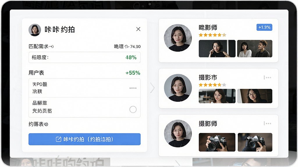 一张展示咔咔约拍智能匹配功能的界面截图,画面左侧是用户填写的约拍需求表单,右侧是系统推荐的三位摄影师卡片,每张卡片包含头像、昵称、评分和代表作品缩略图,背景为白色,风格简洁商务,细节包括匹配度百分比标签和约拍按钮,画质高清干净无多余元素