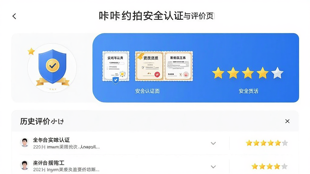 咔咔约拍安全认证与评价页面,画面展示用户个人主页上的实名认证徽章、资质证书图标和五星评价分布图,下方有历史评价列表,背景为白色,风格简约商务,细节包括认证盾牌图标和评分星级,画质清晰干净无多余元素