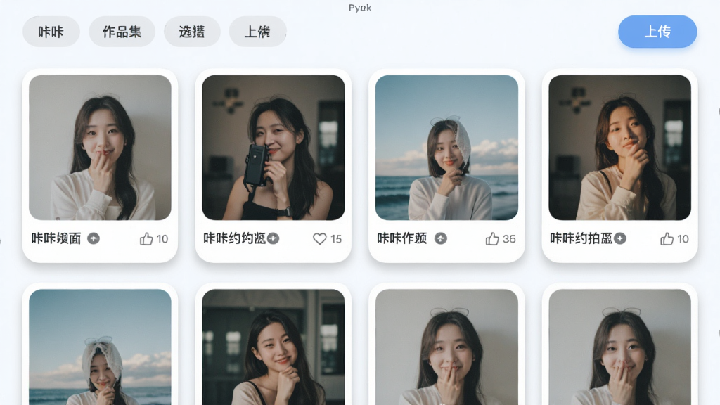 咔咔约拍作品集管理页面,画面展示一个网格状的照片墙布局,每张照片下方有标题和点赞数,顶部有分类筛选标签和上传按钮,整体风格清新浅色,细节包括照片圆角和阴影效果,画质清晰干净无多余元素