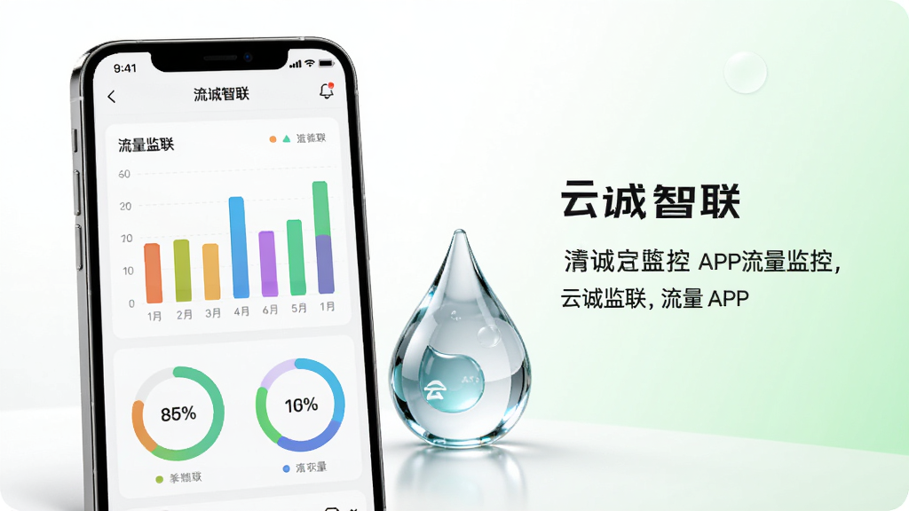 画面主体为“云诚智联”APP的流量监控页面,手机屏幕显示彩色柱状图与环形进度条,旁边放置一个透明玻璃质感的流量水滴图标,背景为白色与淡绿色渐变,布局左图右文,风格清新简约,细节精致,画质清晰,无多余元素